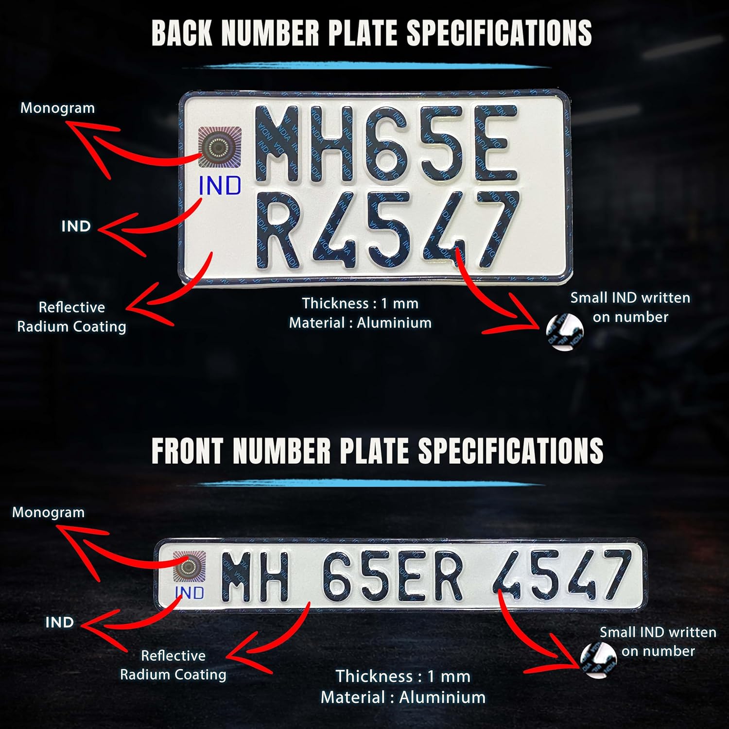 Innovqaraj IND Bike Number Plate | Fancy | No Serial Number Or Bar Code | Non HSRP | Front and Back Plate Set Available | 5 Digits Upper line | Colour - White - Image 2
